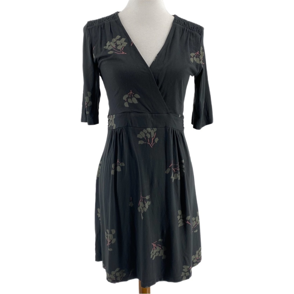 Boden Gray Leaf Print Three Quarter Sleeve Mini Dress - Picture 1 of 7